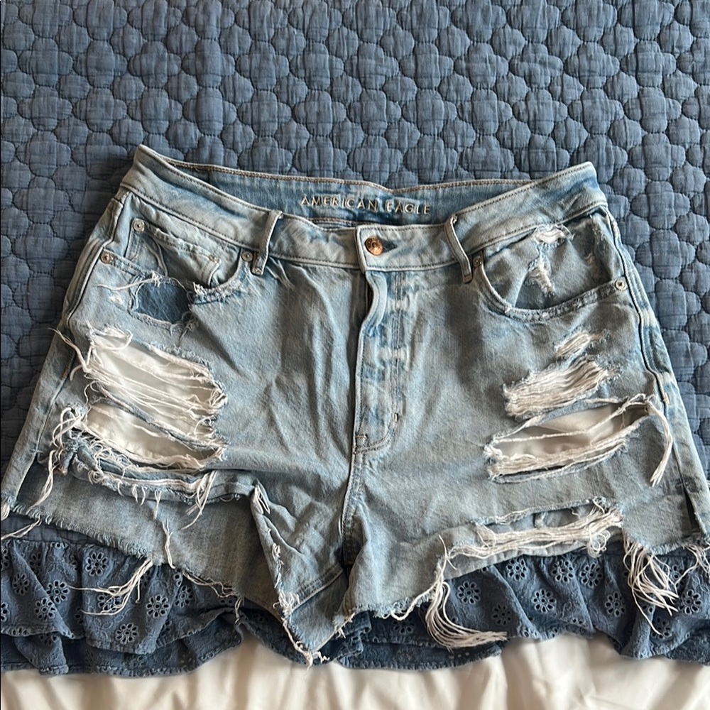 American Eagle Outfitters Blue Jean Shorts with Distressed Details